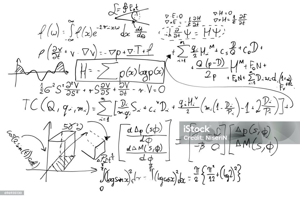complex-math-formulas-on-whiteboard-mathematics-and-science-with-picture-id696935130