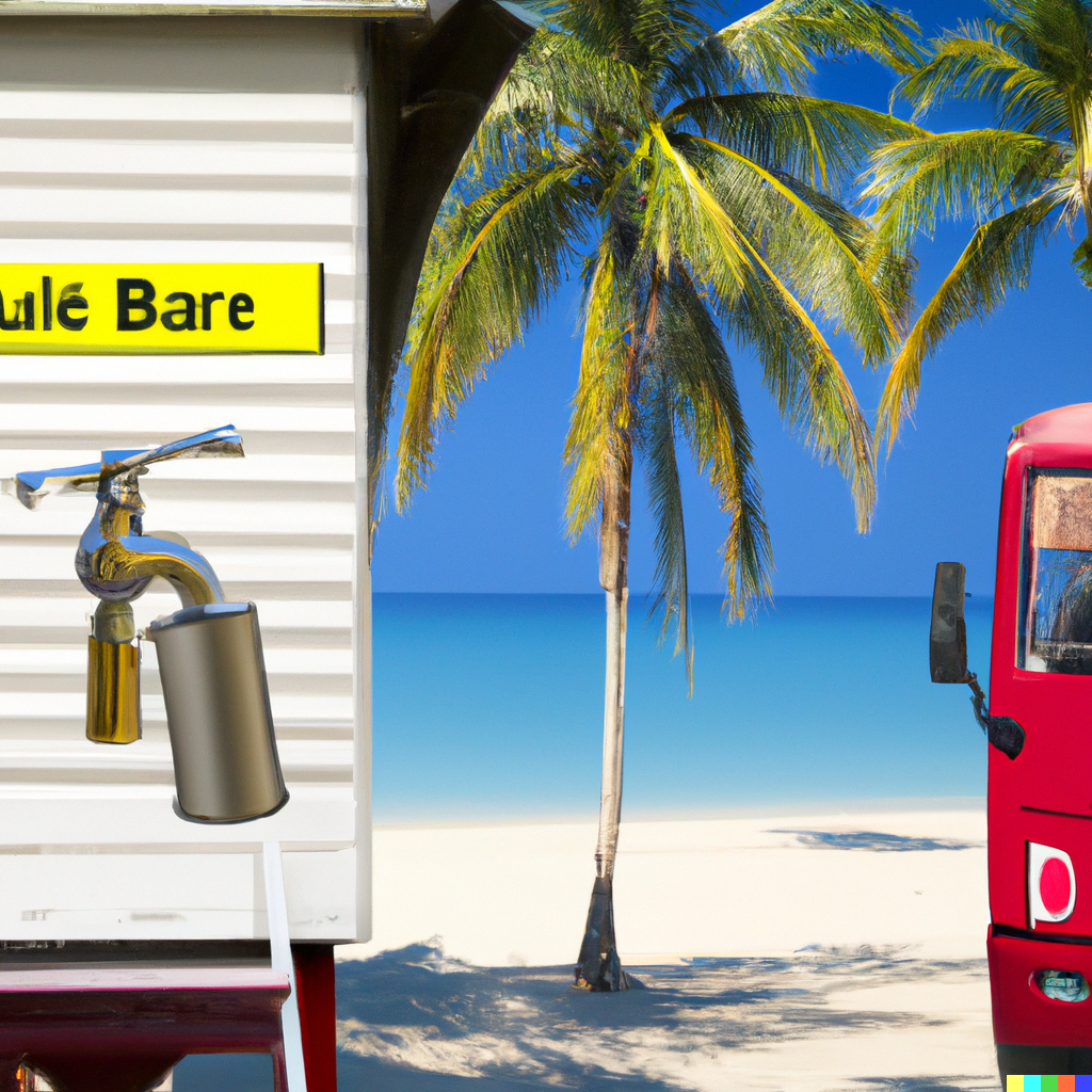 DALL·E 2023-01-12 10.20.10 - A beer, toilet and fire brigade in paradise with sun, palm, beach...png