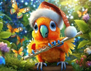 Firefly 3D-Rendering leuchtend orangefarbener Babypapagei spielt Flöte, entzückende große Auge...jpg