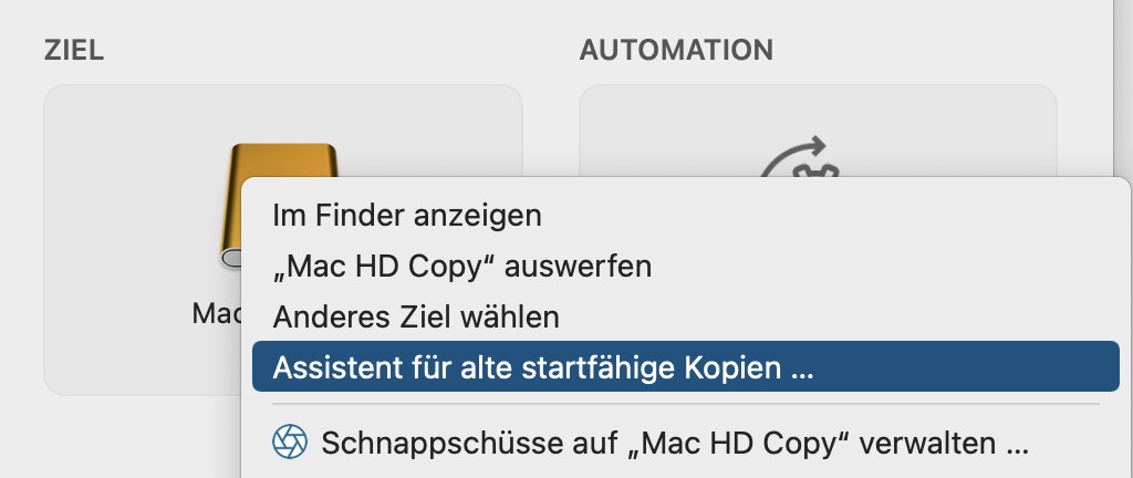 Klicken Sie erneut auf die Zielauswahl und wählen Sie Assistent für alte startfähige Backups